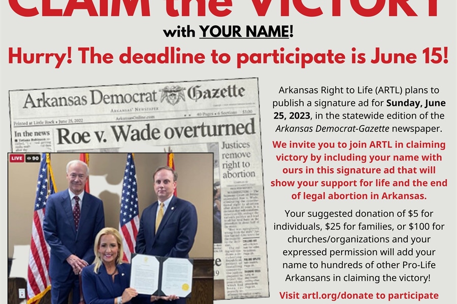ARTL to Celebrate the End of Legalized Abortion in Arkansas